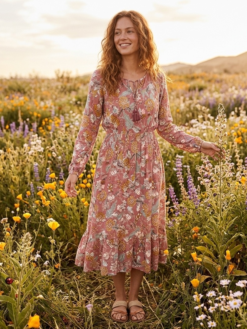 Knox Rose Dusty Rose Floral Boho Maxi Dress Women's Large L Long Sleeve Tassel